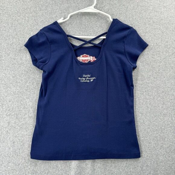 Harley-Davidson Tee Tshirt Wmns XS Blue Short Sleeve Embroidered Logo Motorcycle - Picture 6 of 11